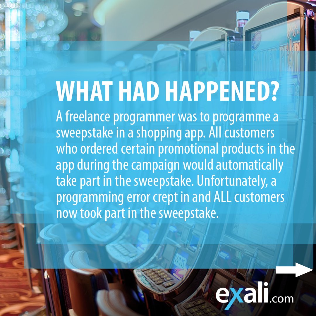 exali_com's tweet photo. So many winners but not enough prizes! How an #error in the #programming of a sweepstake in an #app made more customers happy than planned. A real #exali #damageevent 
https://t.co/gG5pH2fZX9 https://t.co/y92qPkmRjT