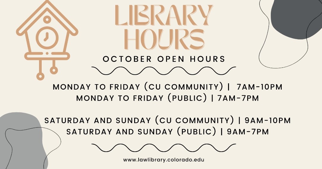 wiselawlibrary's tweet photo. The William A. Wise Law library is open! Check out our October hours of operation!*
*Library hours are subject to change.
Check this webpage for the most up-to-date hours! https://t.co/Ub2jmwwEnq
#ColoradoLaw #LawLibrary #ColoradoLawLibrary #WiseLibrary #LawStudents https://t.co/pNNUoN0bDH