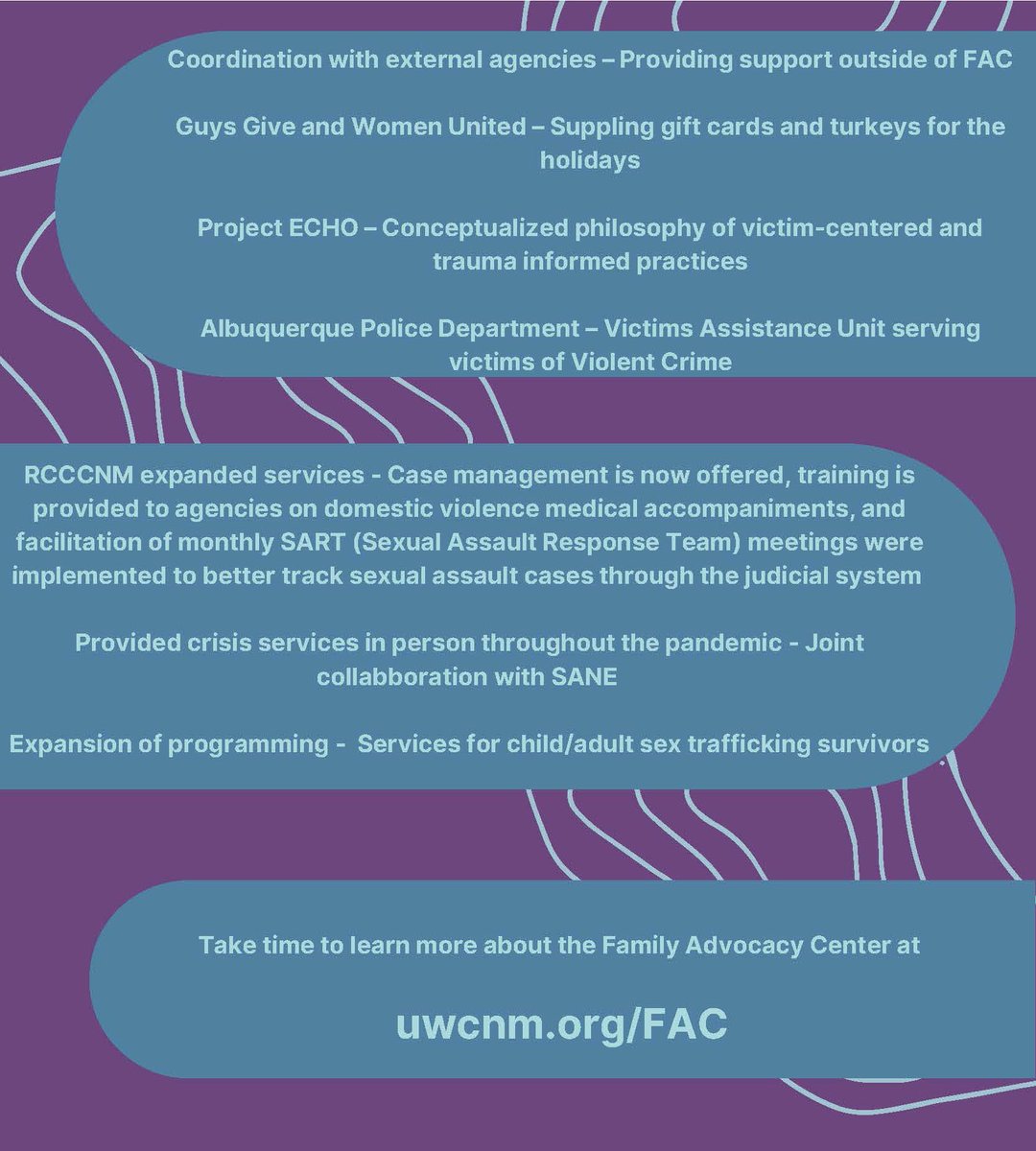 Yesterday, 10/23/2022, the Family Advocacy Center officially turned 15 years old!  
💜Check out the MANY accomplishments the FAC has made over these 15 years (attached). 
💜Learn more about the FAC: uwcnm.org/fac/

#uwcnm #familyadvocacycenter #stoptheviolence #dvam