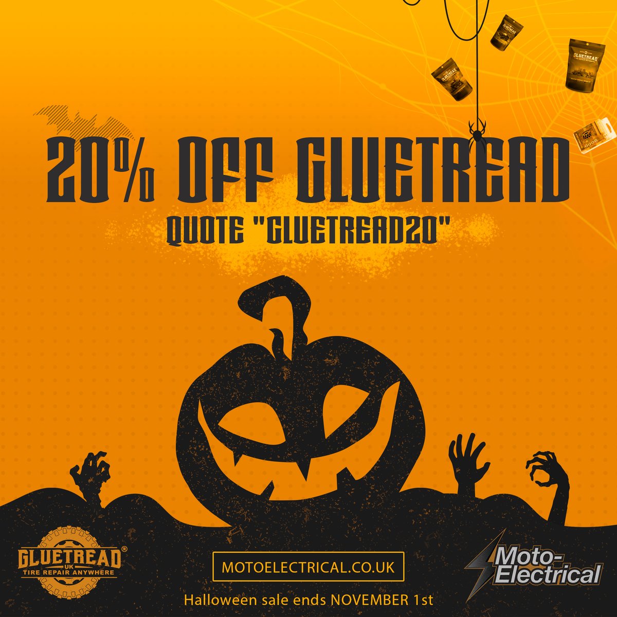 MotoElectrical's tweet photo. Spooky GLUETREAD Sale! 🎃
20% OFF Gluetread this Halloween. Offer ends #OffroadWheels
QUOTE "GLUETREAD20"
https://t.co/6AebdP0cVY
#halloween #sale #atv #utv #parts #sales #forsale #happyhalloween #offroad #gluetread #tirerepair #atv #offroadtrails #utvlife #explore https://t.co/mcpG2f682e
