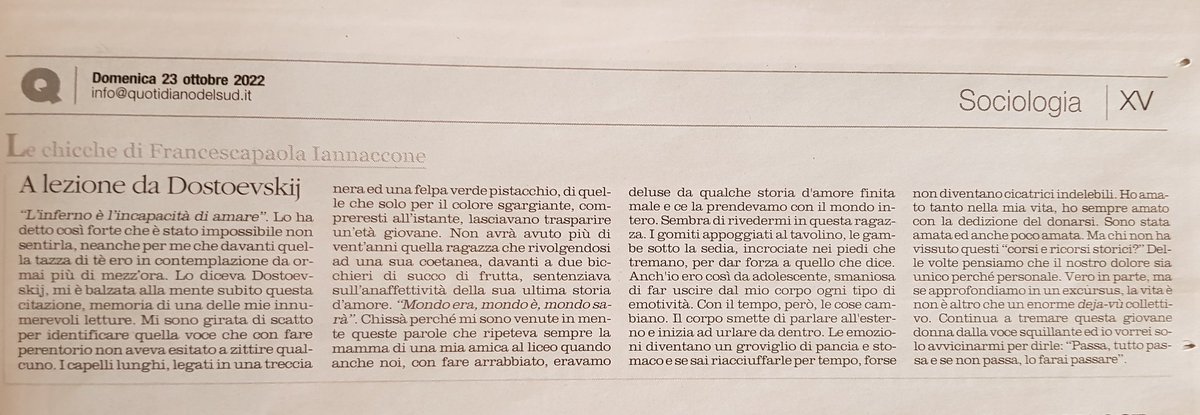 francescapaola3's tweet photo. "L'inferno è la capacità di amare". A lezione da Dostoevskij.
Ne parlo sul @LAltravoce #Insertoculturale #Mimì nella #rubrica #LeChicche https://t.co/KwVgmMG6rk