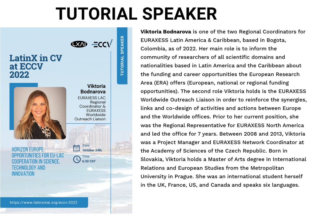 ViktoriaBod13's tweet photo. Today presenting the #mobility and #research #opportunities between EU-LAC under @HorizonEU 🇪🇺including @MSCActions &amp; @ERC_Research at the @eccvconf 2022 @_LXAI workshop. Thank you for the invitation! https://t.co/VkbjbSM47O