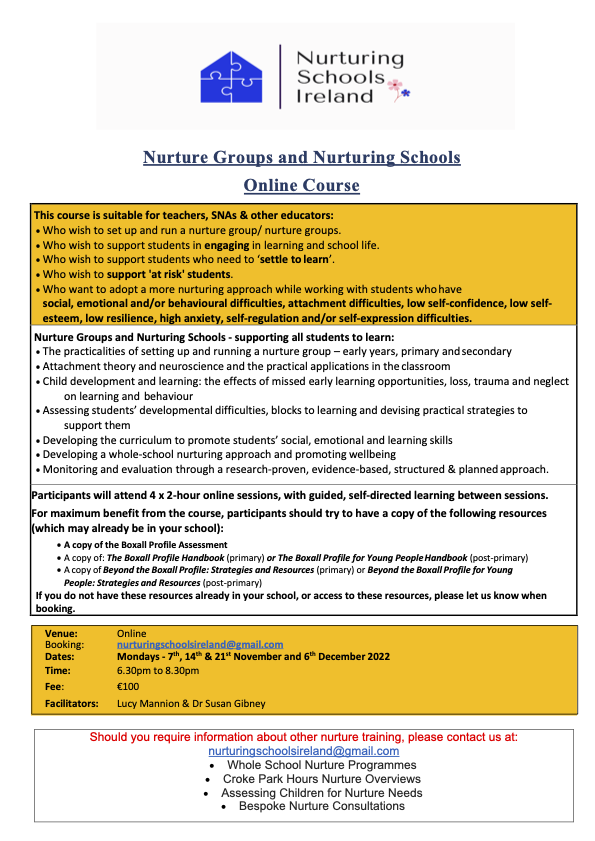 TINTeducation's tweet photo. Thinking of setting up a Nurture Group in your school or adopting a #nurturingapproach in your classroom? Delighted to be working alongside the wonderful @SusanGibneyBEC to deliver this comprehensive 5-week online training from Mon 7th Nov @NurturingSchs #traumainformededucation https://t.co/gpwbcclU5R