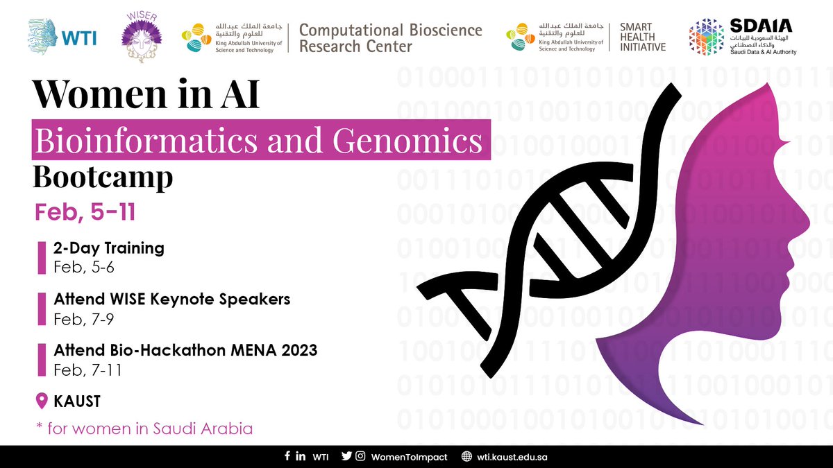 WomenToImpact's tweet photo. #WTI, in partnership with #KAUST brings you the #WomenInAI for #Bioinformatics and #Genomics #bootcamp 👩🏻‍💻🧬 for Women in #SaudiArabia .
Attend technical training and WISE keynote speakers and be part of the Bio-Hackathon MENA!
Register Now ▶️ https://t.co/H9v4ccZWIh https://t.co/JWdTwAUBEi