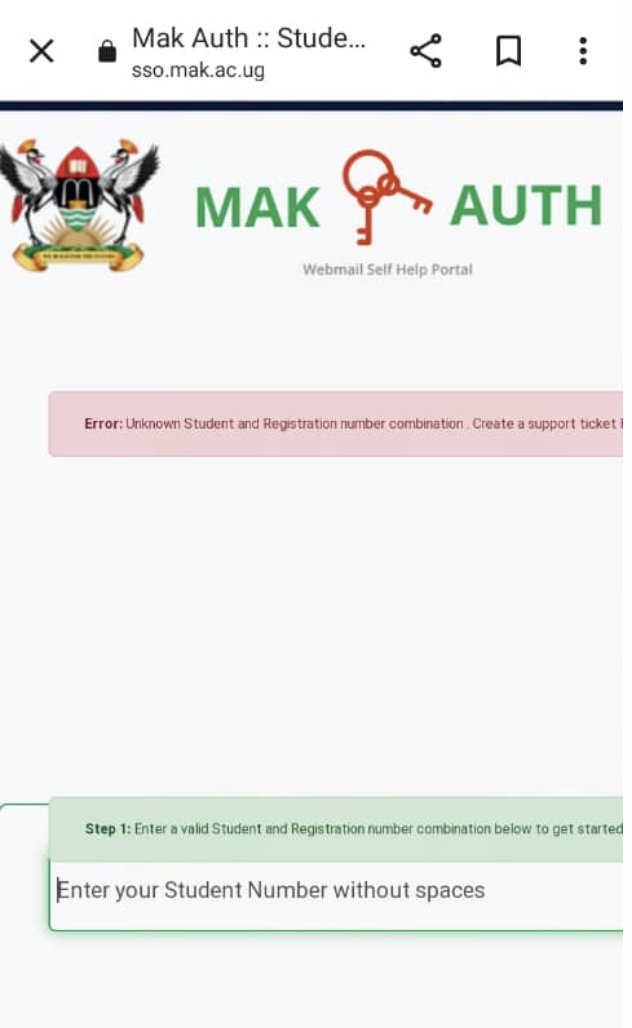 𝗘𝗿𝗿𝗼𝗿: 𝗨𝗻𝗸𝗻𝗼𝘄𝗻 𝗦𝘁𝘂𝗱𝗲𝗻𝘁 & 𝗥𝗲𝗴𝗶𝘀𝘁𝗿𝗮𝘁𝗶𝗼𝗻 𝗡𝘂𝗺𝗯𝗲𝗿 Dear @Makerere students, Don't rush to create your email via sso.mak.ac.ug before activating & enrolling on your portal(my portal.mak.ac.ug ) as a student. You will get that error.