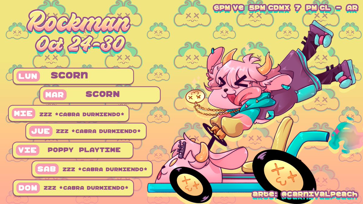 Rockman_3D's tweet photo. ⚡️Calendario Semanal ⚡️

Lun: SCORN
Mar: SCORN
Vie: POPPY PLAYTIME

Hora: 6PM🇻🇪 5PM🇲🇽 7PM🇨🇱 🇦🇷
🔴https://t.co/tYMQ6UIscz🔴

#Rockyart #RockmanVT #Vtuber #VtuberES #VtubersUprising https://t.co/gCbJLkUlVs