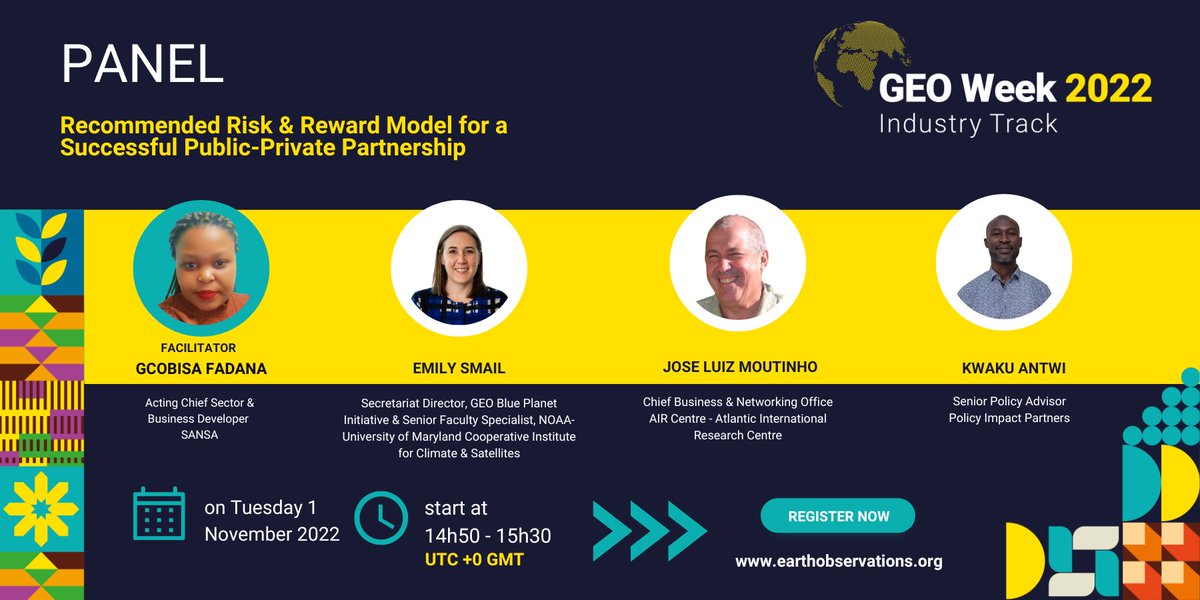 ZASpace_Inc's tweet image. One week until the #GEOWeek2022 Industry Track kicks off! 

Join this informative panel discussion unpacking the topic of recommended risk &amp;amp; reward models for a successful #publicprivatepartnership. 

Secure your seat today: earthobservations.org/geoweek2022.php