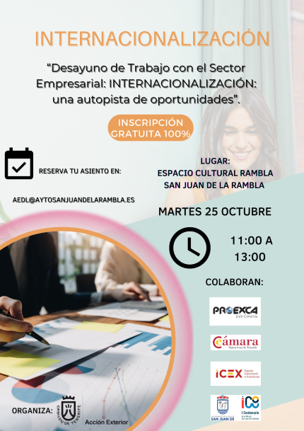 25 de octubre en San Juan de la Rambla, Tenerife, con presencia de la Delegada. Escuchar, e informar al tejido empresarial. Inscripción gratuita en aedl@aytosanjuandelarambla.es. Les esperamos
