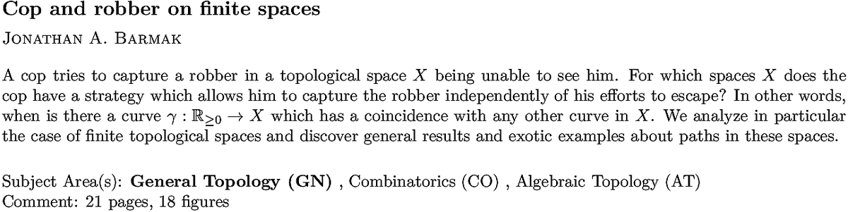 arxiv.org/abs/2210.12099…
J A Barmak
Cop and robber on finite spaces