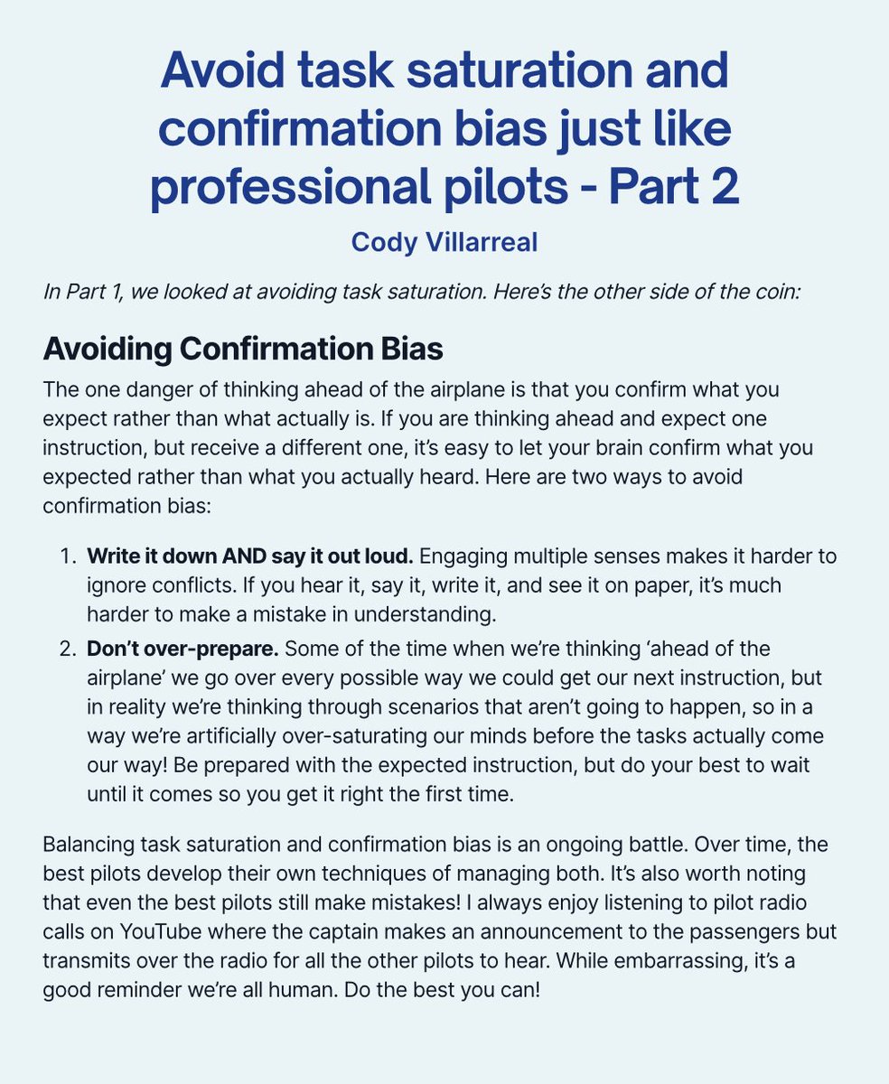 codyvilla's tweet photo. Yesterday I wrote about avoiding task saturation.
Part 2 takes a look at the other side of the coin: confirmation bias.
#aviation #flying #confirmationbias #tasksaturation https://t.co/xWbrdgdQKy