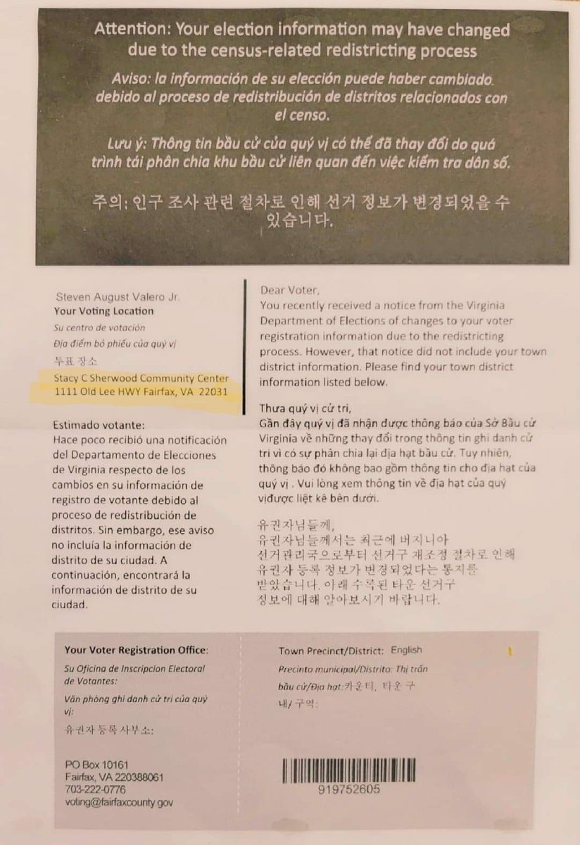 ValeroMarina's tweet photo. Voter Disinformation! @fairfaxvotes @FairfaxDems @GerryConnolly @SheilaOlem @JenniferBoysko

Official FF Votes mailer sent to me listed an incorrect change in polling place. The "new" location listed is 25 minutes away from me. Who sent out this official looking false info? https://t.co/kdkAERiv4f