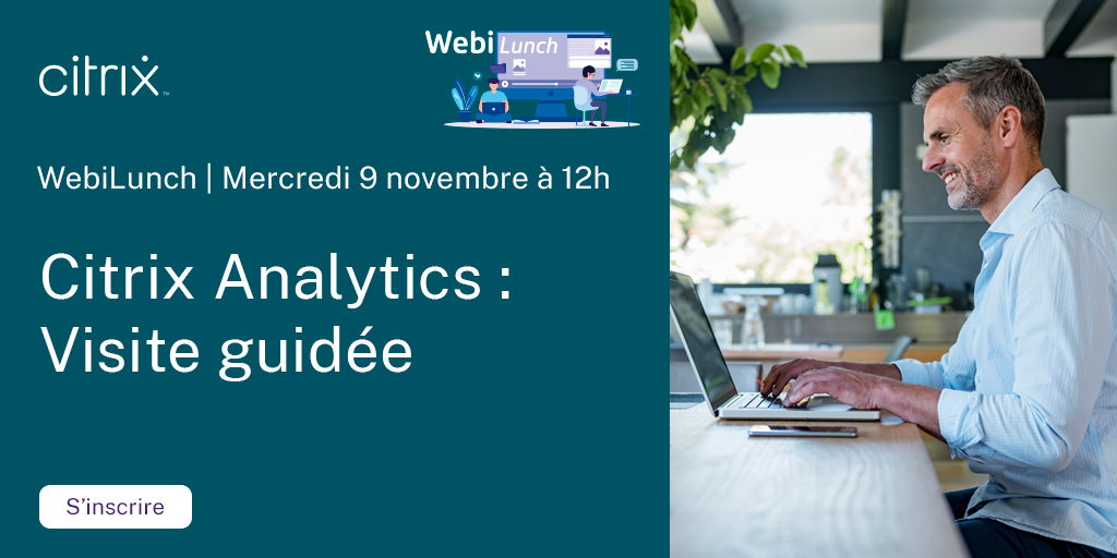 Ne manquez pas notre prochain #WebiLunch le 9 novembre à 12h, animé par Vincent Rombau qui vous expliquera en quoi les solutions d’#analytique de performance et de #sécurité Citrix sont différentes des autres plateformes d'analytique.

bit.ly/3TyoxeA