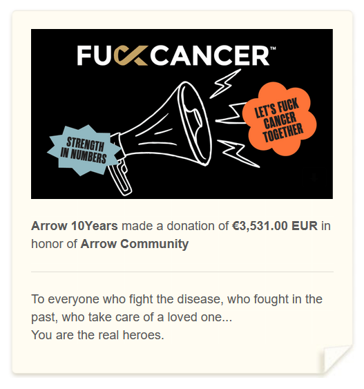 Arrow10Years's tweet photo. 10 years ago, Oliver Queen met the ideal partner to fight the good fight.
Today, to celebrate 10 years of Arrow (and Olicity), we proudly donated 3.531€ / 3,476 USD to @letsfcancer as a final bow for our #Arrow10years celebration campaign.

Oliver Queen was a hero. You are too. https://t.co/4bIP7kHJxI