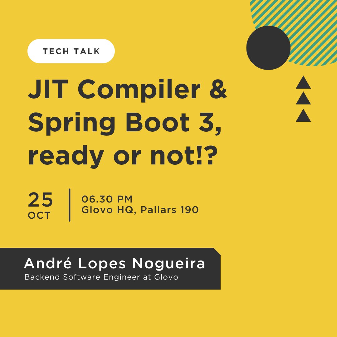 Tomorrow, we are opening our doors to another Tech Talk 📲 with the Barcelona JUG community and the night will be all about JIT Compiler, and Spring Boot 3.

👉 RSVP at bit.ly/3Dq63Yz

#TechMeetup #TechTalk #GlovoTechMeetup #JITCompiler #SpringBoot3