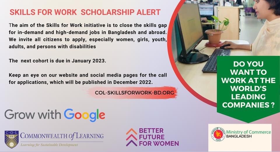 SumaiyaShimu_'s tweet photo. SKILLS FOR WORK - GROW WITH GOOGLE SCHOLARSHIP ALERT !

Learn more about Grow with Google at https://t.co/AdU54wq4LC and about Skills for Work Program in Bangladesh at https://t.co/IdgWUhWcKM https://t.co/Nd3AzWluEG