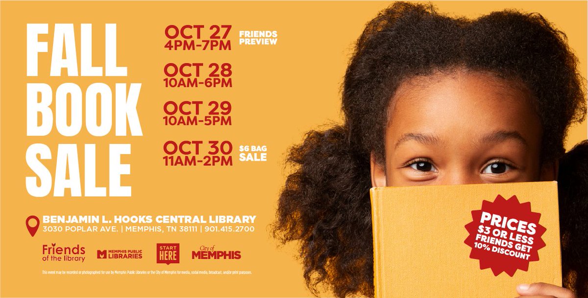 Fall Book Sale at the Benjamin L Hooks Central Library kicks off this Thursday. Thousands of books will be for sale. $3 or less. Adult books, kids books, magazines, DVD's, and even vinyl available. Don't miss out!