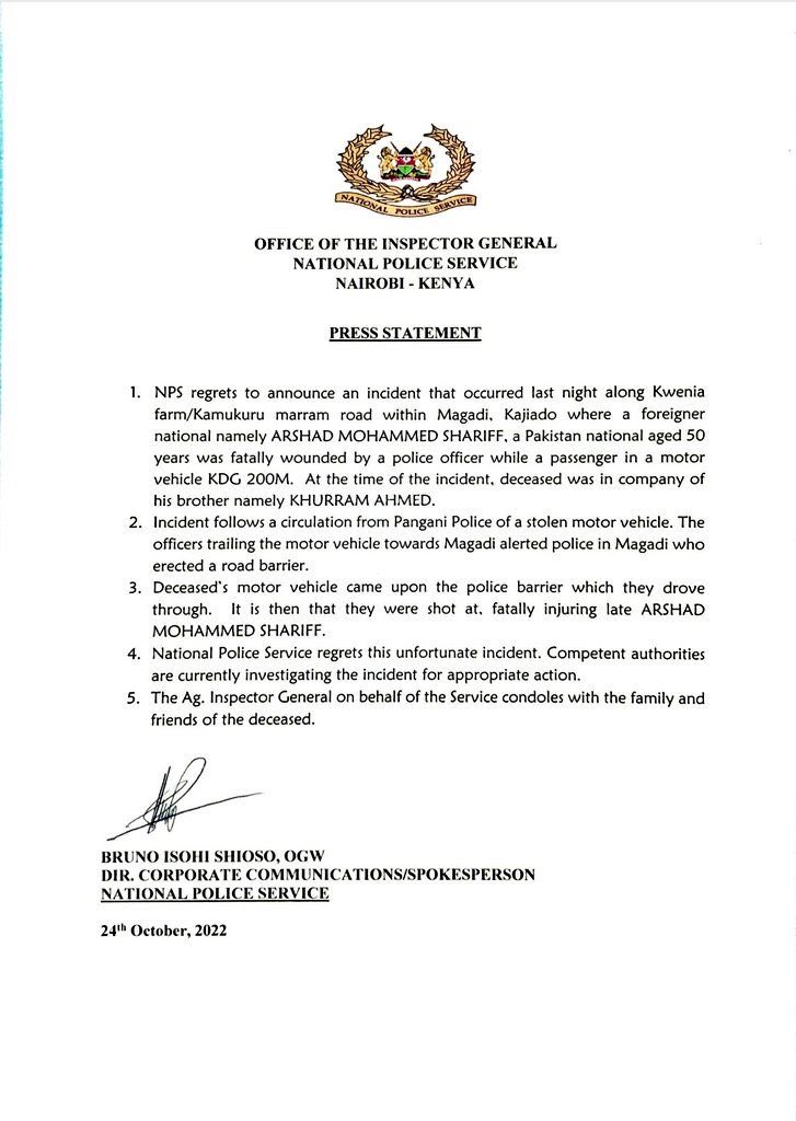Here is the statement by the Kenyan Police on the #assassination of #ArshadSharifShaheed.