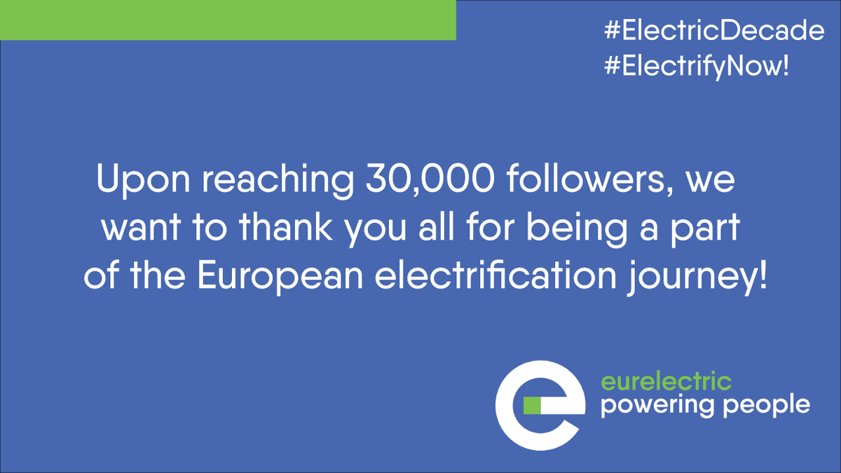 Eurelectric's tweet photo. Thank you to all 30,000+ followers for following the #ElectricDecade!⚡
Be sure to stay plugged in for more on #electrification and #decarbonisation in 🇪🇺's power sector
👉 https://t.co/UDdDzFniQr https://t.co/NVYOv75auh
