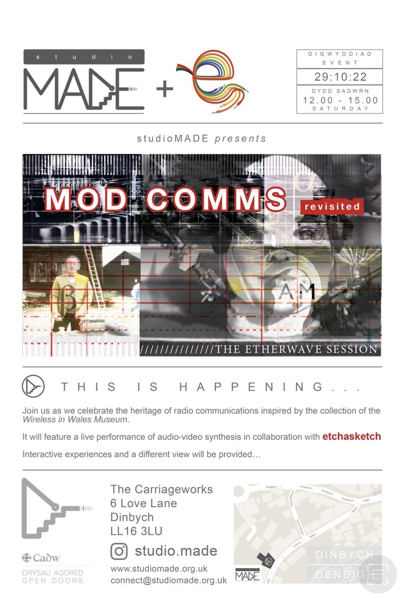 studiomadeuk's tweet photo. For those local or for those who wish to join us on a live insta feed, this is happening on Saturday at the Carriageworks, Denbigh. Mod Comms the a Etherwave session with #etchasketch and #markeaglen
#radiocommunication #modularsynth #studiomade https://t.co/Aii5mvN4FV