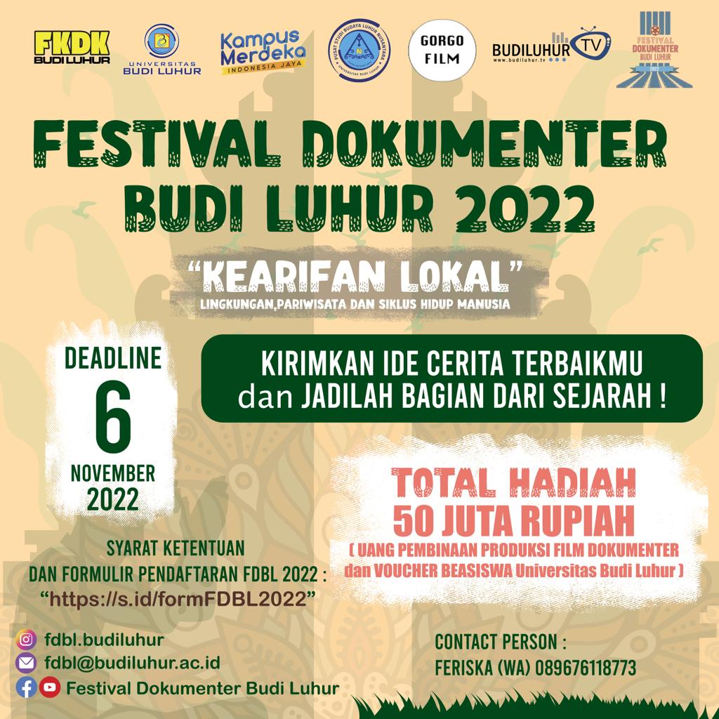 FDBL 2022 DIPERPANJANG HINGGA 6 NOVEMBER! 📢

Halo filmmaker, tahun ini  FDBL 2022, yaitu kompetisi proposal film dokumenter jadi bukan pengumpulan film ya! 
Berikut link formnya : s.id/formFDBL2022

#FDBL2022 #FestivalDokumenterBudiLuhur