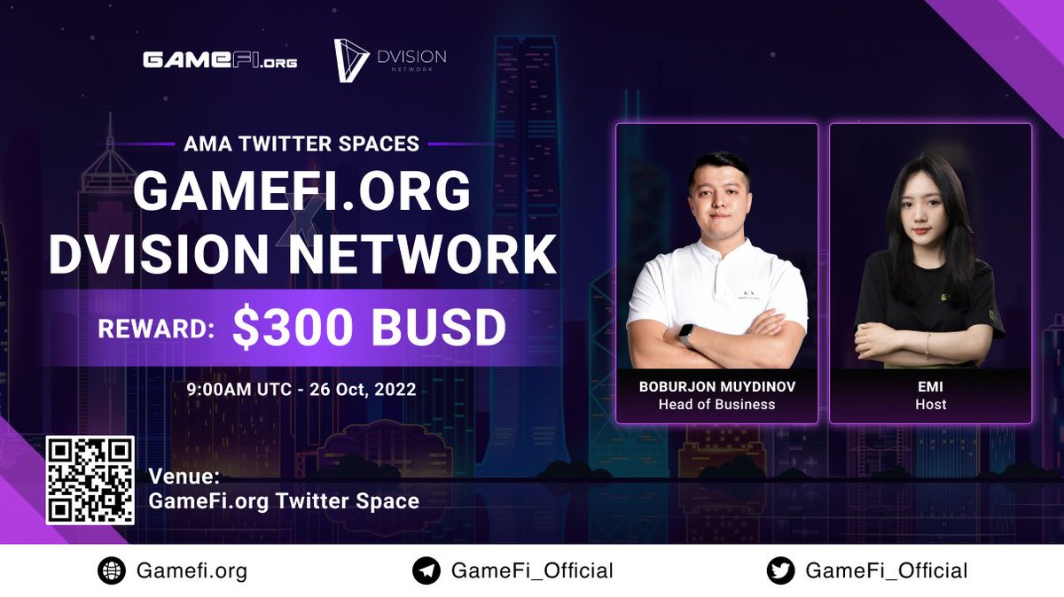 GameFi_Official's tweet photo. 🚀🚀Woohoo, @Dvision_network AMA waiting! 

⏰ Set the alarm for TwitterSpaces &amp; join us for a chance to share $300 prize!

Rules:
▪️ Follow @GameFi_Official &amp; @Dvision_network
▪��� Like &amp; Retweet &amp; drop 1 question  
▪️ Join https://t.co/VcoCPMaWS0

 $GAFI https://t.co/naRdiSY9cd
