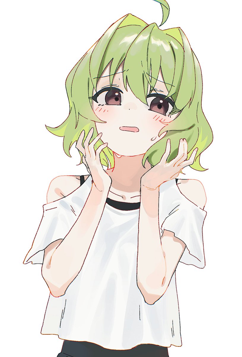 1girl solo green hair white background ahoge shirt simple background  illustration images