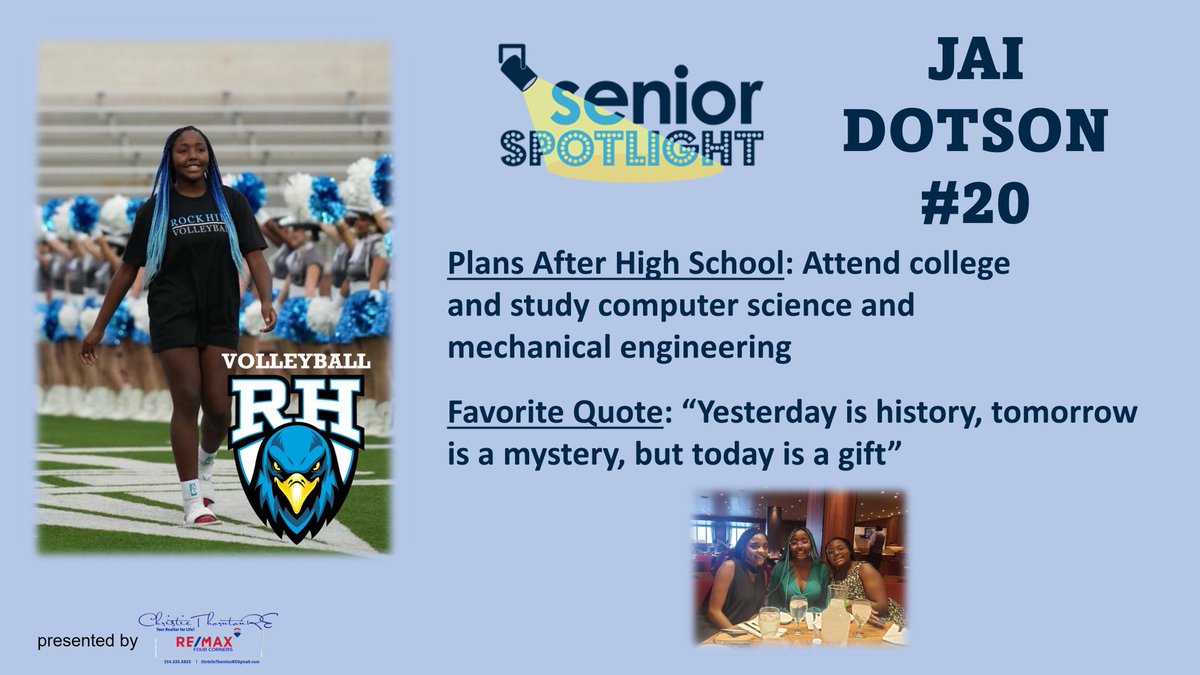 vb_hill's tweet photo. Week ELEVEN of Our #WeeklySeniorSpotlight - Jai Dotson #20
#FightRockFight
@RockHillHS
@RockhillMedia @PISD_Athletics
presented by @christie01291 Christie Thornton REMAX FOUR CORNERS https://t.co/syoRjiPoJY