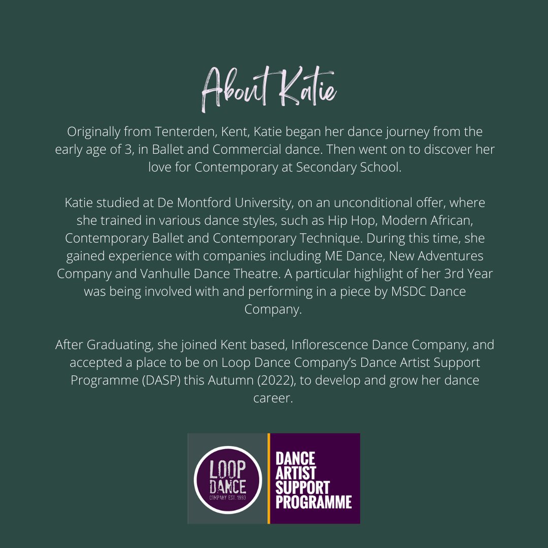 LoopDanceCo's tweet photo. Get to know about one of our 3 DASP Interns, Katie Hickmott.
*Accessibility: Please DM for the text seperate from the image.
#growingfutureartists #lovesdance #kentdancer #tenterden #postgrad #undergrad #Dasp #DanceArtistSupportProgramme #DanceCompany #ProDance https://t.co/QH35nY65lP