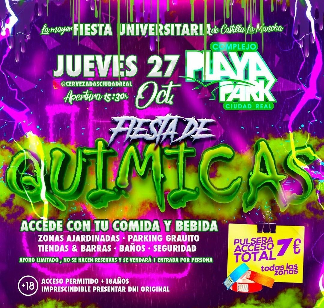 🍻 Cervezada Químicas

📆 Este jueves (27/10)
🕞 Desde las 15:30h.
🏝 Playa Park
💶 7€
🔞 Mayores de 18 años
🌥 Mayormente nublado
🌡Temperatura media 24°C