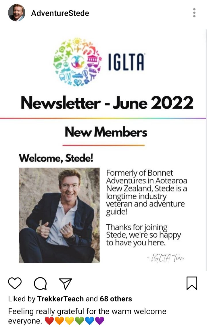 Stede's IG. Image of Stede in the IGLA newsletter. Caption reads "Feeling really grateful for the warm welcome everyone. Heart rainbow emokis. Liked by Ed