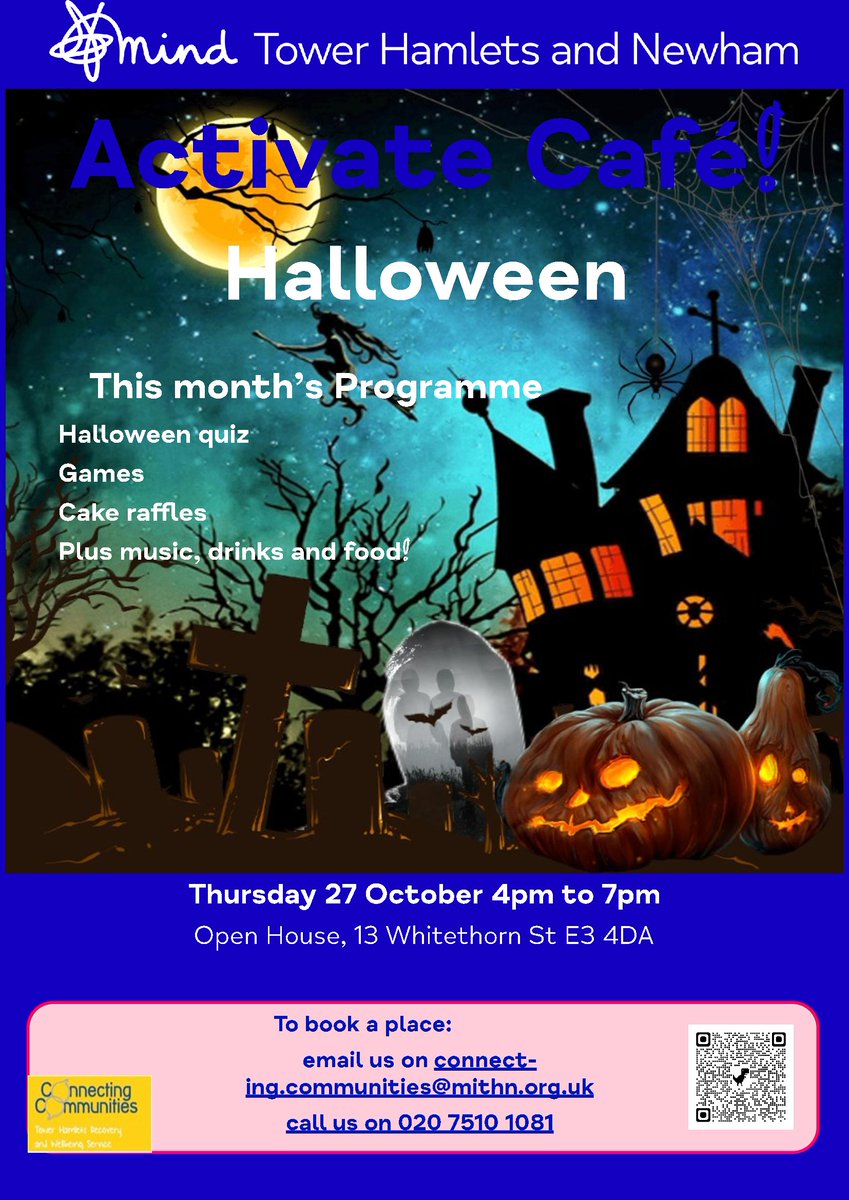 Come &amp; join our spooky fun take on Halloween at Activate Café this Thursday 27th Oct 4pm - 7pm.
 @WorkingWellT <a href="/NHS_ELFT/">East London NHS Foundation Trust (ELFT)</a> <a href="/CollegeTh/">Tower Hamlets Recovery College</a> <a href="/Hestia1970/">Hestia</a> <a href="/TH2GETHER/">TowerHamletsTogether</a> <a href="/THGPCareGroup/">Tower Hamlets GP Care Group</a> <a href="/StHildasEast/">St Hilda's East</a> <a href="/Bromley_by_Bow/">BromleybyBow Centre</a> 
#mentalhealth #socialgathering #funandgames