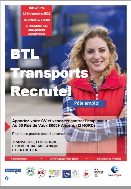 A vos agendas pour cette action de #recrutement avec @poleemploi_HDF  Amiens le 19/11 avec l'entreprise BTL + de 30  postes disponibles
<a href="/Prefet80/">Préfet de la Somme</a>  <a href="/AmiensMetropole/">Amiens Métropole - Ville d’Amiens</a> <a href="/FanyRuin/">Fany Ruin Pro</a> <a href="/SHaussoulier/">Stéphane Haussoulier</a>