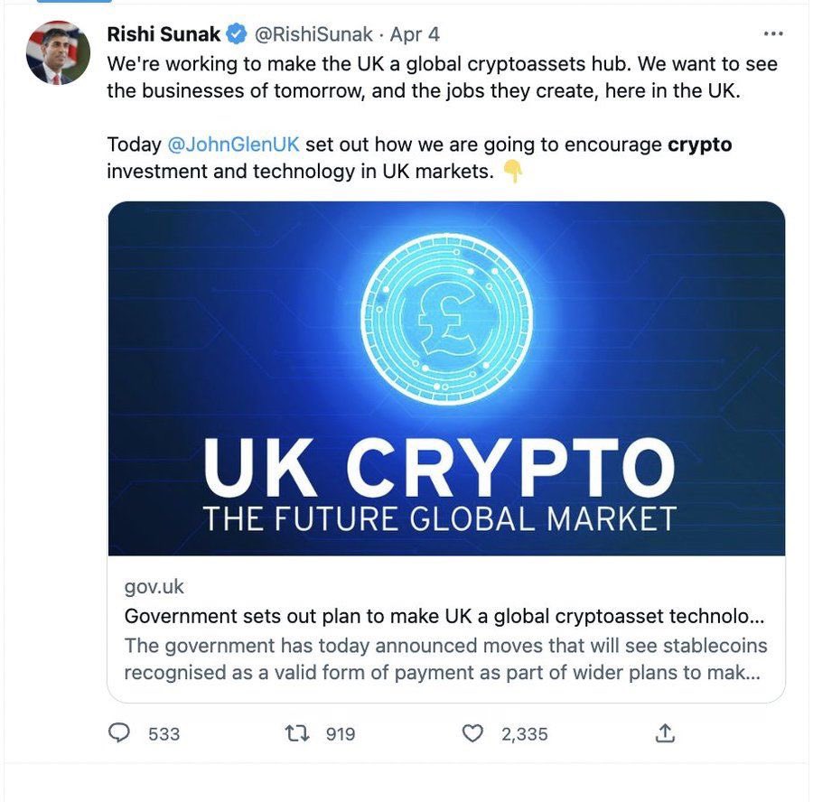 Quamfynavas's tweet photo. The new UK Prime minster is bullish on Crypto. 

Guess who worked with Mr Sunak at the HM treasury 😉

$QNT will be the biggest winner from this decision. Also, they are the only crypto company listed on the UK government website.

https://t.co/BgAzUA3TZt https://t.co/MGOrx9dPgk