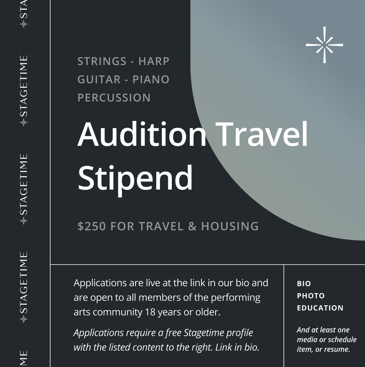 StagetimeArts's tweet photo. Strings, harp, guitar, piano, and percussion professionals! Applications are NOW OPEN for the $250 Audition Travel Stipend program.

This grant can be used toward audition expenses such as travel and housing. For more info on how to apply, tap the link: 👉 https://t.co/lRJ9Xc5wBP https://t.co/WADcxIST3G