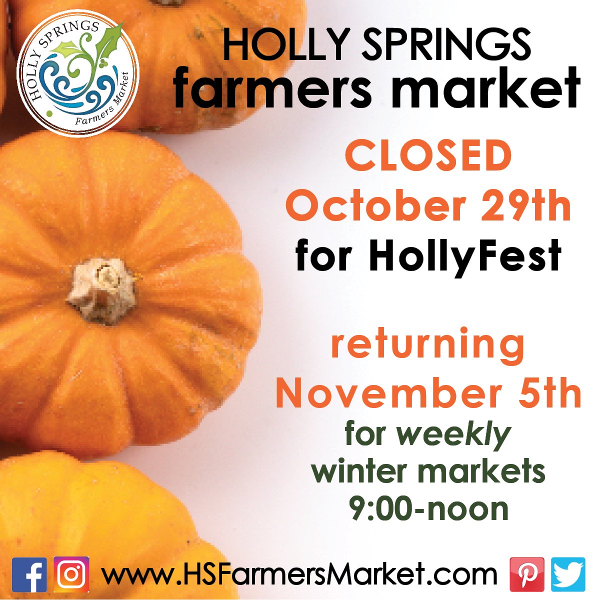 This is one of the few Saturdays of the year the farmers market is closed. We will be back on November 5th from 9:00-noon! #hollyspringsnc #farmersmarket #HSFM