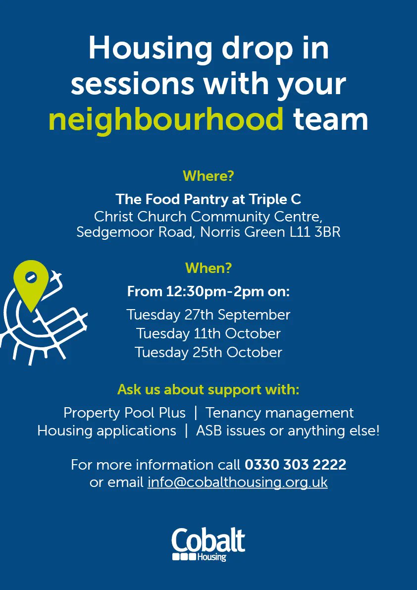 Our Fazakerley and Norris Green neighbourhood teams are currently running a series of drop-in sessions across our #Cobaltcommunity! Tomorrow our teams will be at: 💛 Fazakerley Community Federation from 9:30am-12pm 💚 The Food Pantry at Triple C from 12:30pm-2pm