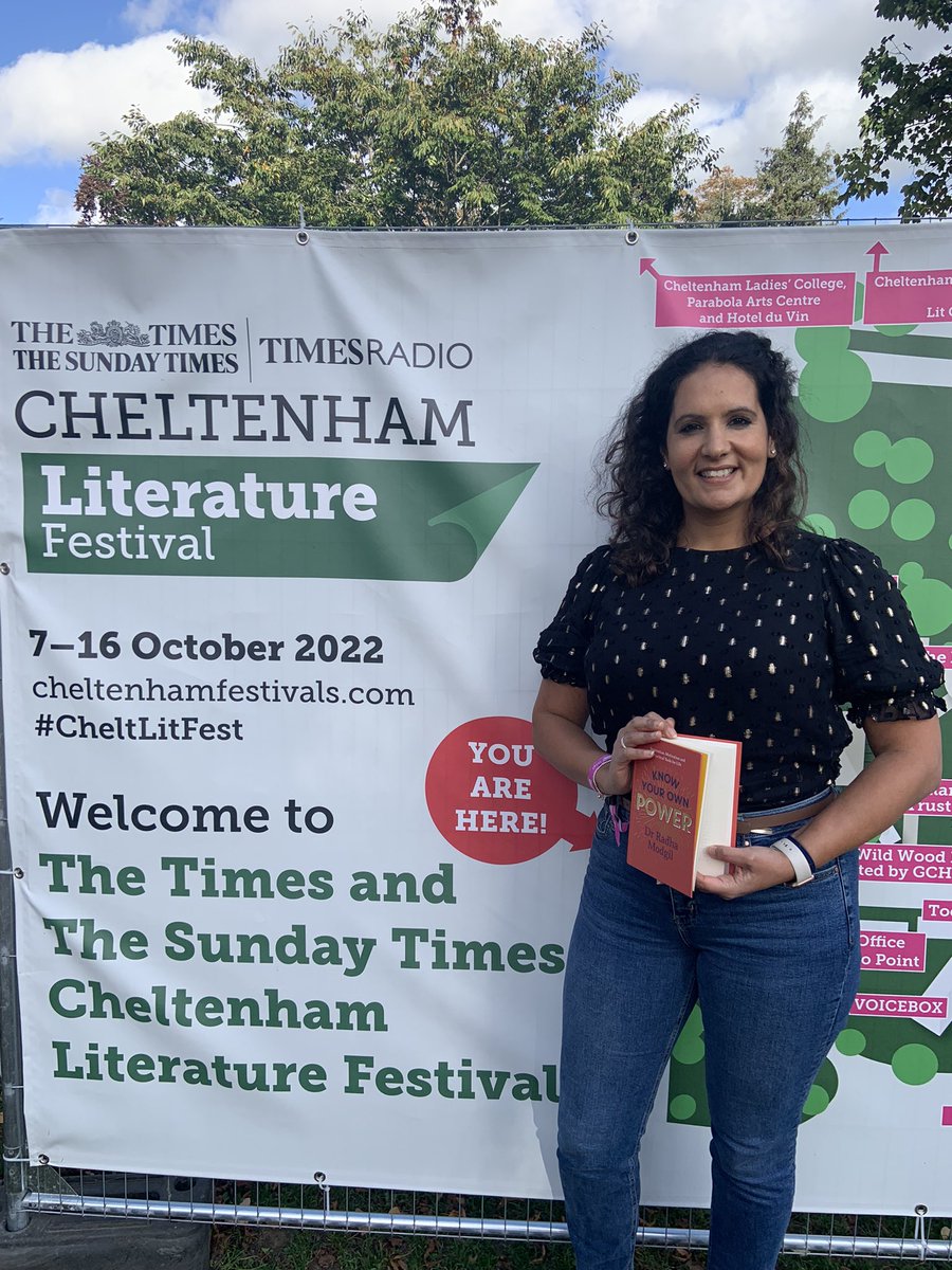 DrRadhaModgil's tweet photo. Throwback to this time last week just having returned from the brilliant @CheltLitFest 📚 

With the brilliant @DrAlexGoerge1 and @Samara_Linton on our #mentalhealth panels 

And such a joy to see my book #KnowYourOwnPower @YellowKiteBooks on the shelves too ☺️ https://t.co/xy6mx3TCvR