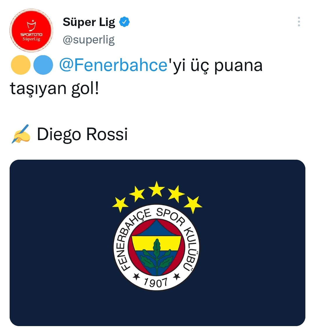 Süper Lig resmi hesabı Fenerbahçe'nin 5 yıldızını içeren, Rossi'nin gol videosu paylaştı.