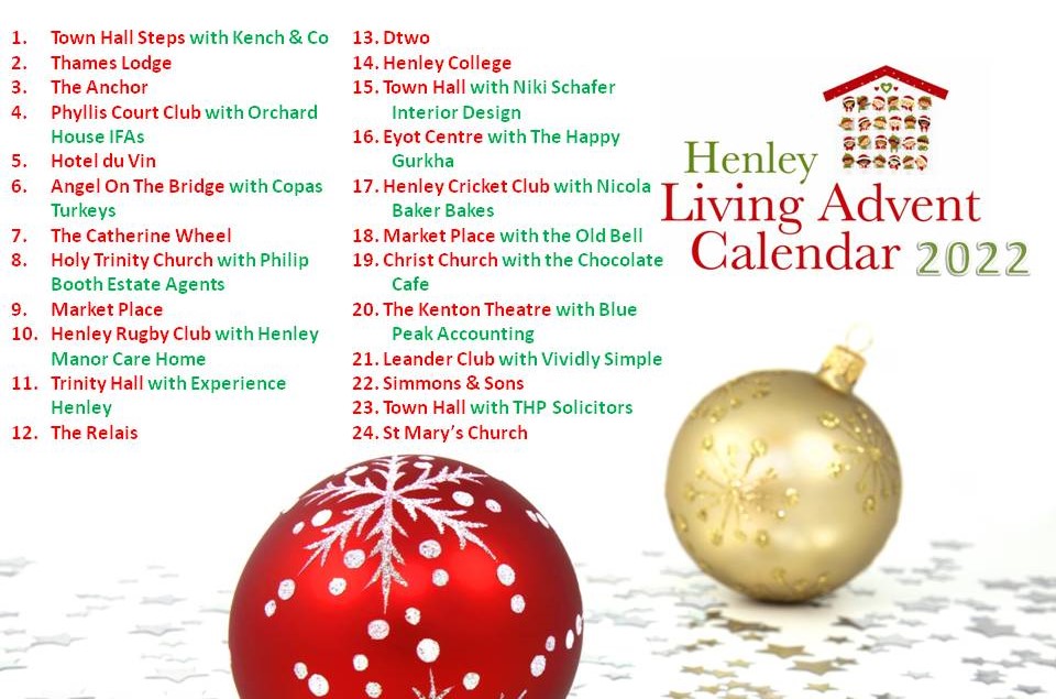 Henley Living Advent Calendar (@living_advent) on Twitter photo Our nightly partners help bring an extra something to each night to help make every evening unique & special <a href="/KenchandCo/">Kench & Co</a> <a href="/CopasTurkeys/">Copas Traditional Turkeys</a> <a href="/PhilipBoothesq/">Philip Booth Esq Estate Agents</a> @HCH_Henley <a href="/XperienceHenley/">ExperienceHenley</a> <a href="/NikiSchafer/">Niki Schafer Interior Design</a> <a href="/HappyGurkha/">The Happy Gurkha</a> <a href="/HoTBunnyBaker/">Nicola (Baker)Taylor</a> <a href="/TheOldBell/">The Old Bell</a> <a href="/Henleychoccafe/">Chocolatecafe</a> @heyvividly <a href="/thpsolicitors/">THP Solicitors</a> Our nightly partners help bring an extra something to each night to help make every evening unique & special <a href="/KenchandCo/">Kench & Co</a> <a href="/CopasTurkeys/">Copas Traditional Turkeys</a> <a href="/PhilipBoothesq/">Philip Booth Esq Estate Agents</a> @HCH_Henley <a href="/XperienceHenley/">ExperienceHenley</a> <a href="/NikiSchafer/">Niki Schafer Interior Design</a> <a href="/HappyGurkha/">The Happy Gurkha</a> <a href="/HoTBunnyBaker/">Nicola (Baker)Taylor</a> <a href="/TheOldBell/">The Old Bell</a> <a href="/Henleychoccafe/">Chocolatecafe</a> @heyvividly <a href="/thpsolicitors/">THP Solicitors</a>