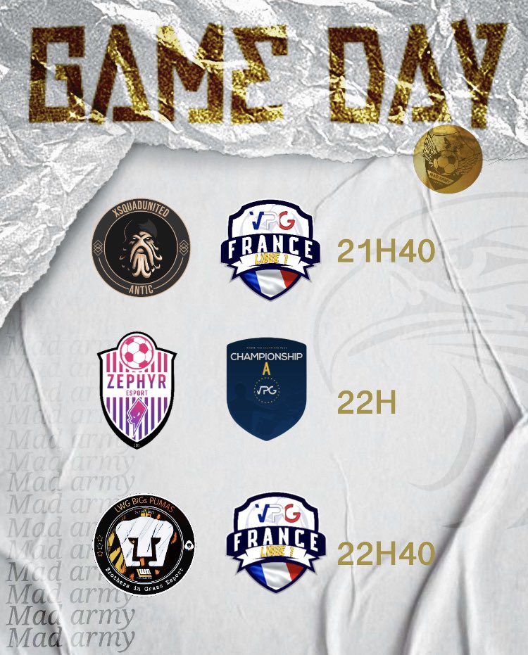 MadArmyFC's tweet photo. Retour à la compétition pour nos aigles, et la première composition officiel ! 

Au programme:
 @VPGFrance_ L1: @xSquadUnited et  @BiGsPUMAS 

@VPGEurope L1: @ZephyrEsport_CP 

Bonne chance à nos adversaires du soir 🤝

#ForzaMada❤️🤍�� https://t.co/ez50WyUUTf