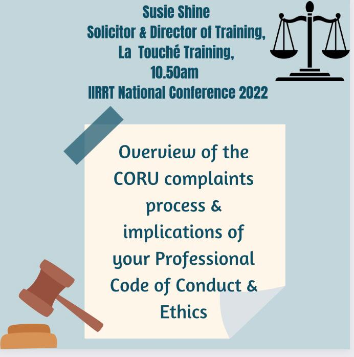 iirrt's tweet photo. Programme Highlights: IIRRT National Conference 5th November Gibson Hotel Dublin.Morning session speaker Susie Shine Solicitor & Director of Training #IIRRT2022 #CPD #Fitnesstopractice
Book your place: https://t.co/1psEWs6VIT https://t.co/xoBSVXvU7R