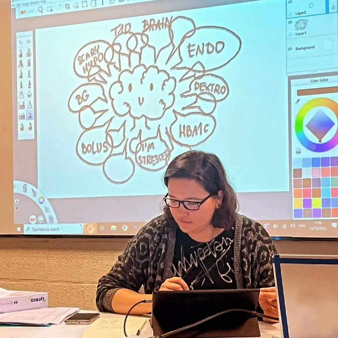 Blue_Sugar_Cube's tweet photo. I had the pleasure to bring artistic vibes to the #IDFEuropeHackathon2022! I conducted a live workshop "Expressing #Diabetes Through #Art" for participants &amp; as a part of the event finale I made a #visualsummary of hackathon presentations with #illustration recording on the spot. https://t.co/EI9pBF53wE