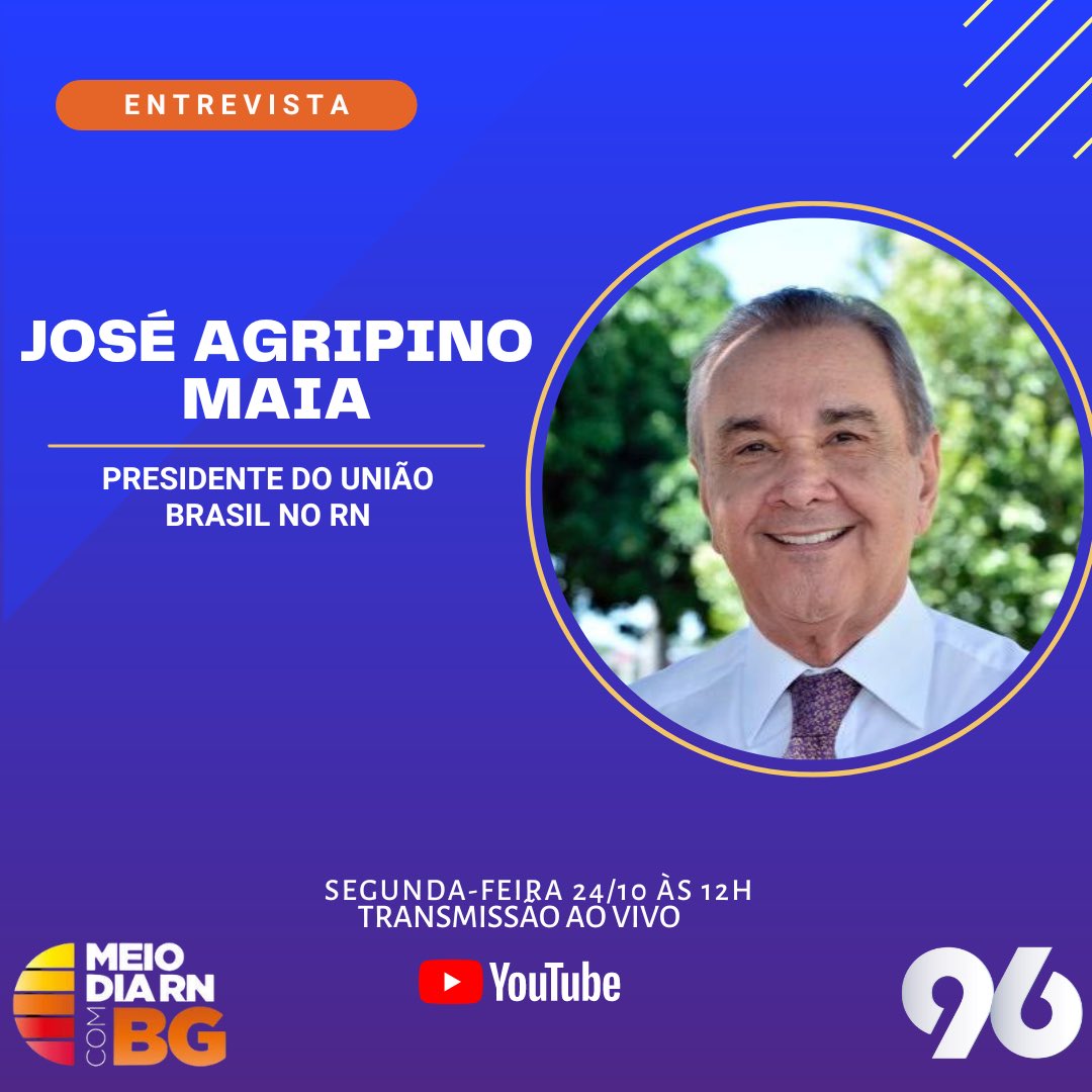 Entrevistada de de hoje será José Agripino Maia, presidente do União Brasil no RN. 

▶️ Participe do programa através do  WhatsApp do Meio-Dia RN: +55 84 99212-2276. 

Acompanhe o Meio-Dia RN no canal da 96 FM no YouTube 
▶️ youtube.com/96fmnatal