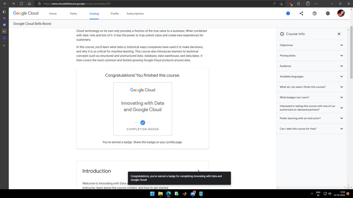 [CDL DAY 3]:
 
#successfullycompleted the course... Innovating with data and google cloud.

@hack2skill 
@googledevs

#digitaltransformation #cloud #h2s #hack2skill #DiwaliwithH2S #cloudwalidiwali #6daycontest #clouddigitalleaderday1 #googledevs