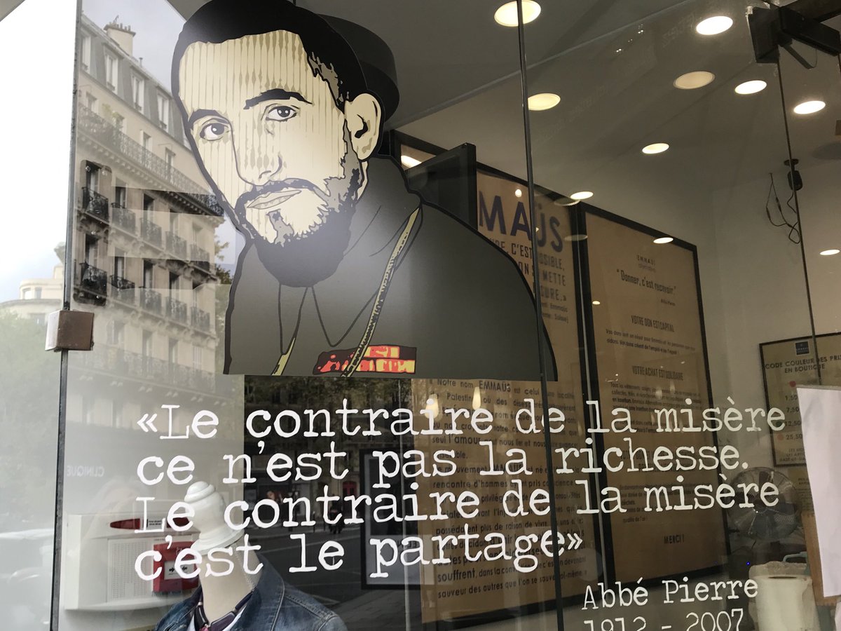ASNC20's tweet photo. ‘The opposite of misery is not wealth. It is sharing’. Father Pierre. Seen on window of small dry cleaners. #rueMonge. #Paris https://t.co/MvUh5AwhYE