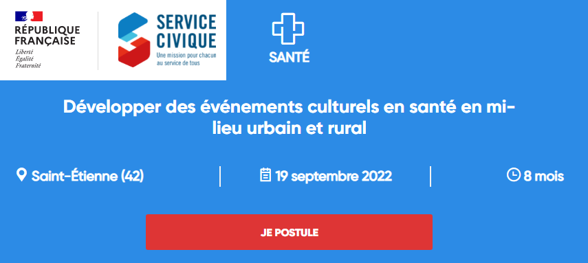 BoyerFlorence3's tweet photo. #santé #santépublique #culture #servicecivique 
Pour en savoir plus / pour postuler : https://t.co/qxdItHbqYB https://t.co/cBEoFZkLCM