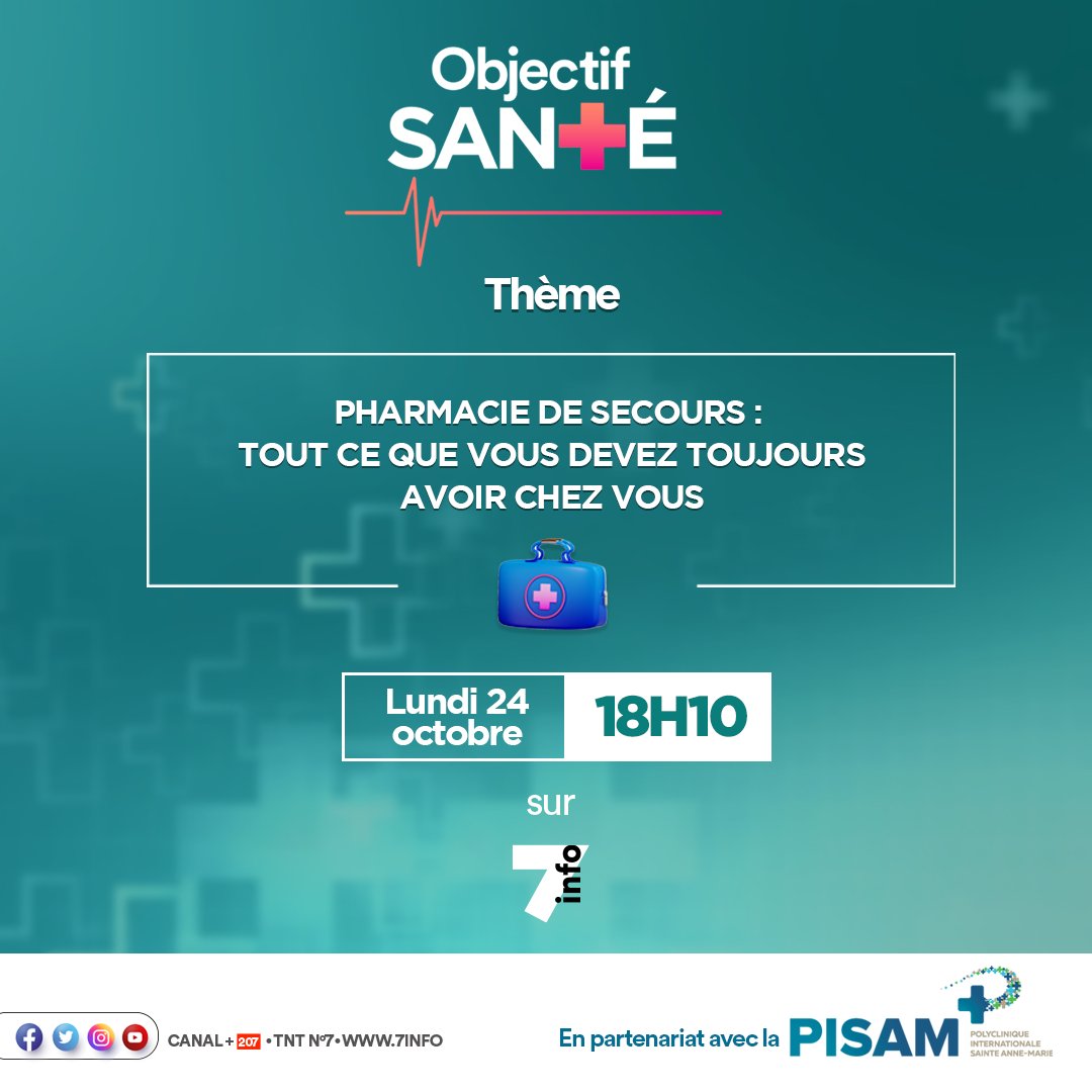7infoci's tweet photo. Retrouvez le nouvel épisode de Objectif santé sur 7info, en partenariat avec la #PISAM.
💬 Thème : pharmacie de secours : tout ce que vous devez toujours avoir chez vous.
📅 Date : lundi 24 octobre
🕐 Heure : 18h10
• TNT n°7 | Canal+ n°207
• #7info | #ObjectifSanté | #CIV225 https://t.co/FjdgRJgpOK