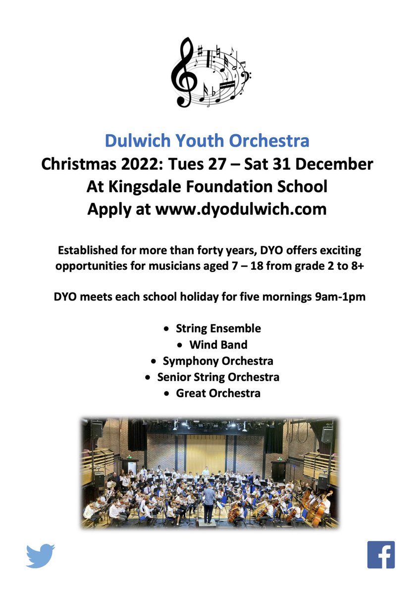 Calling all young musicians 📣📣 - <a href="/dyodulwich/">DYO</a> Christmas course now open for bookings. Full details: dyodulwich.com. Pls RT &amp; spread the word