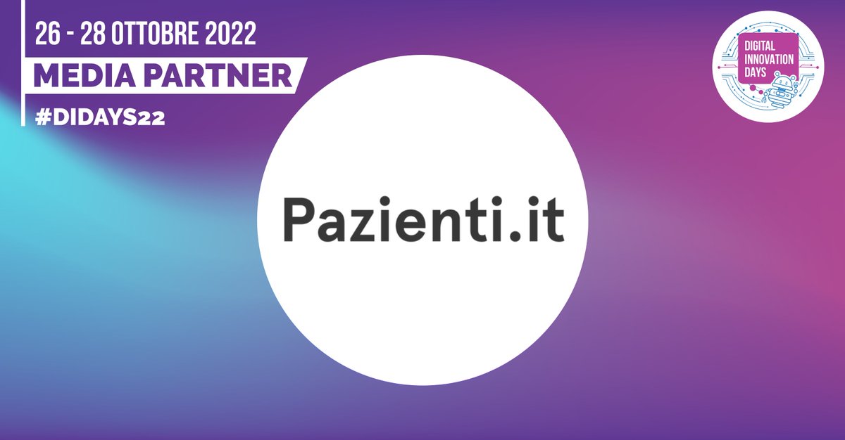 Pazienti (@pazienti) on Twitter photo Manca pochissimo ai <a href="/DIDAYSIT/">Digital Innovation Days Italy</a>, online e a Milano dal 26 al 28 ottobre. Noi saremo presenti in veste di media partner dell'evento: volete partecipare? Acquistate il biglietto con il codice pazienti.it20 per uno sconto esclusivo 👉 bit.ly/didays22 Manca pochissimo ai <a href="/DIDAYSIT/">Digital Innovation Days Italy</a>, online e a Milano dal 26 al 28 ottobre. Noi saremo presenti in veste di media partner dell'evento: volete partecipare? Acquistate il biglietto con il codice pazienti.it20 per uno sconto esclusivo 👉 bit.ly/didays22