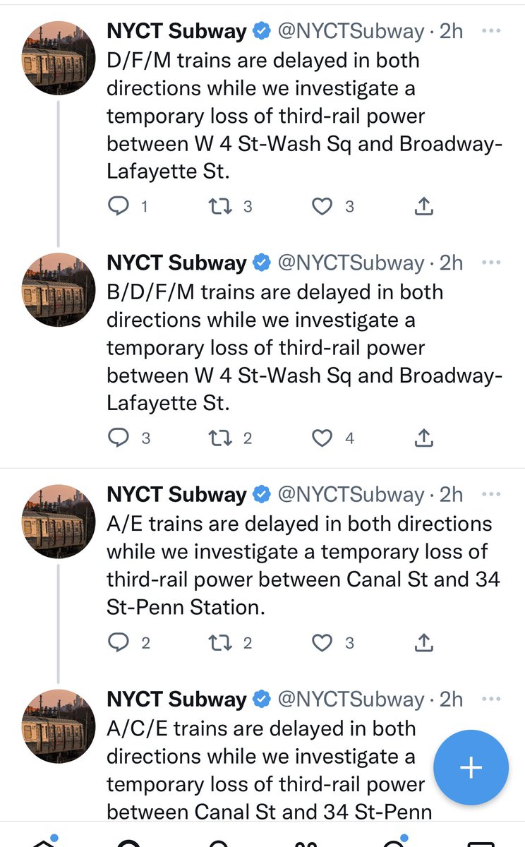 There are delays or service suspensions on 11 subway lines during this a.m.’s rush hour (a c e b d f m n q r &amp; w) due to various mechanical, switch and power problems.

You latest reminder that we desperately need more investment in NYC’s mass transit.
